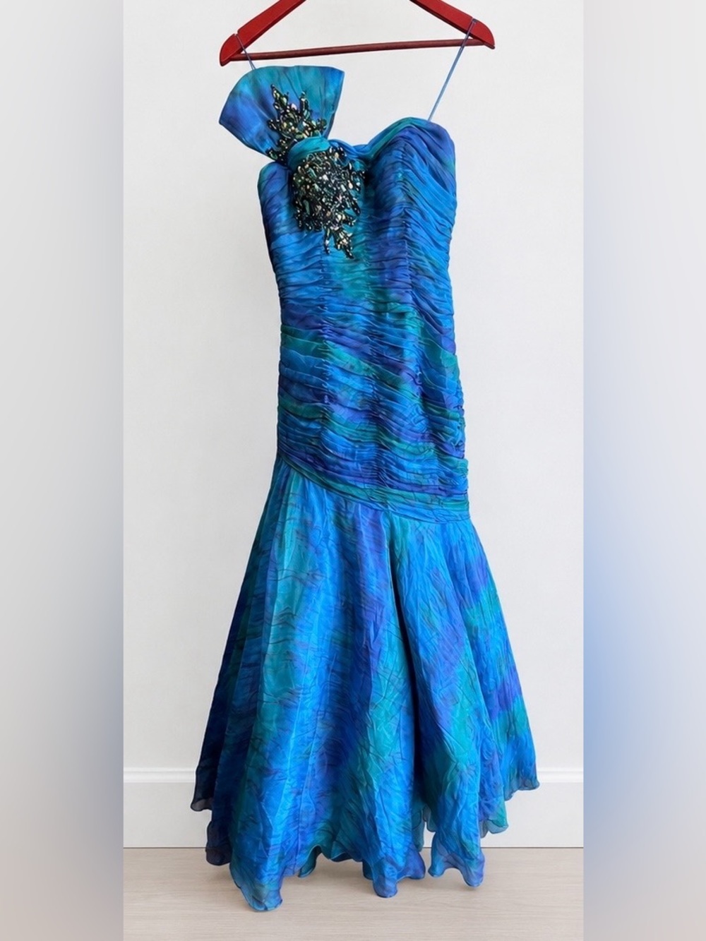 Vintage Blue One-Shoulder Evening Dress with Embellished Detail Sz 4